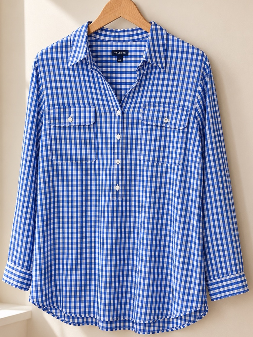 Talbots Blue White Gingham Pullover Button Popover Shirt XL Coastal Preppy Soft